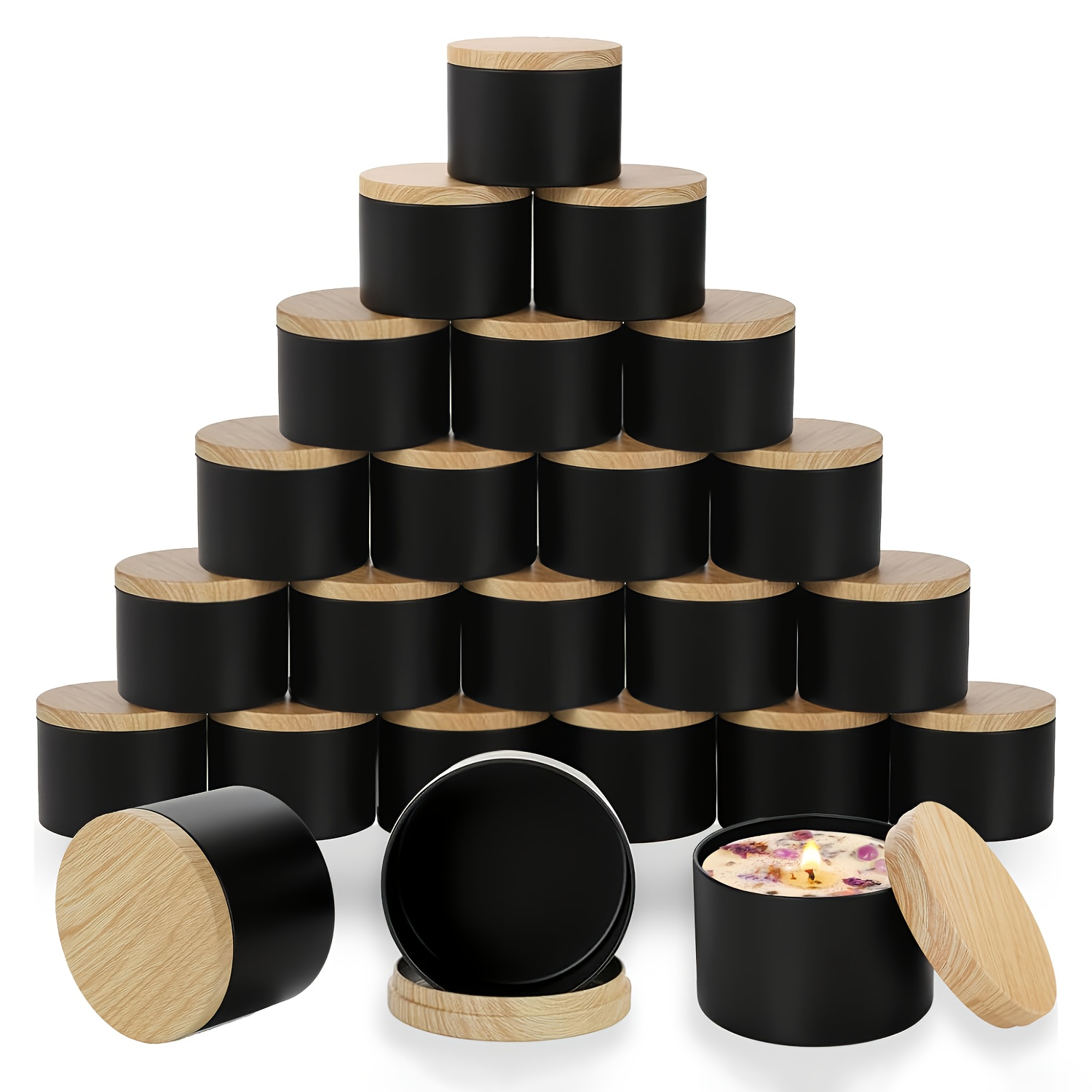 Candle Making Kit For Kids - 나무 뚜껑이 있는 검은색 양초 용기.